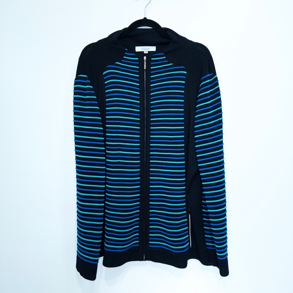 Exclusively Misook Black & Blue Stripe Full Zip Jacket Size 2X